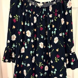 NWOT Terra & Sky 1x 16-18 navy blue floral blouse boho smocked neck ls bell slee